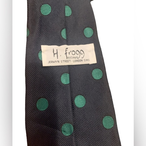 H FROGG Jermyn St. London Silk Tie. Blue w Green Polka Dot 56" x 3.25" - Picture 3 of 4